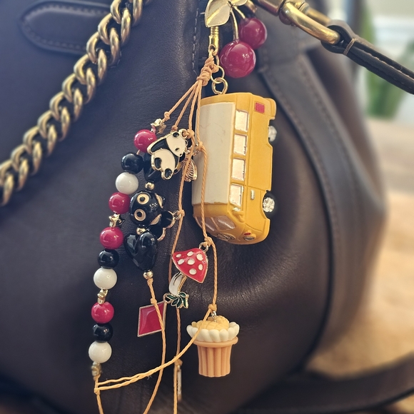 Charming Bag Charm with Yellow Bus and Beads - Picture 1 of 2
